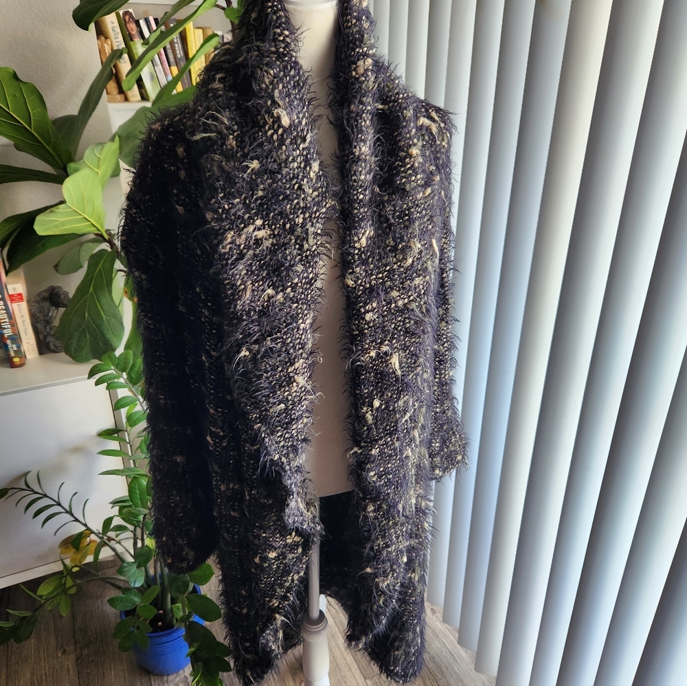 Bryn Walker Black Green Wool Blend Eyelash Long Cardigan Size Small